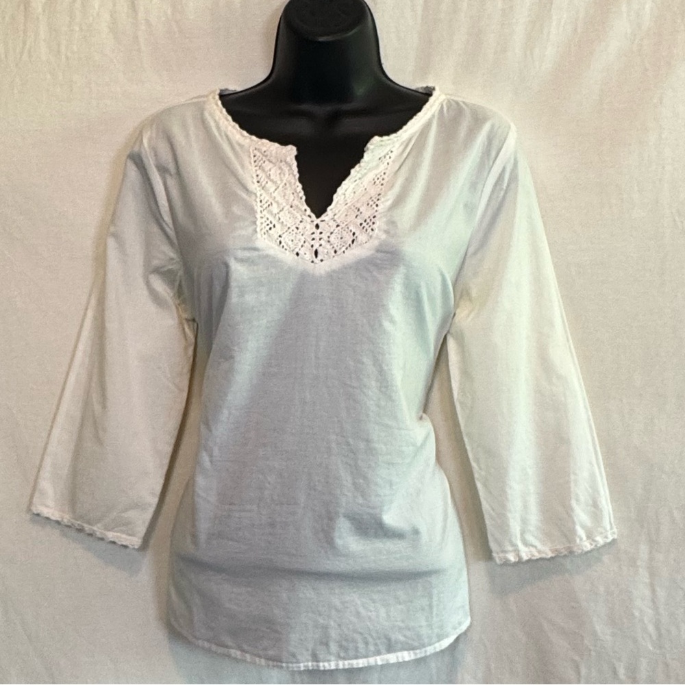 G-28 Jones New York Cream Crochet Lace Detail 1/2 Sleeve Pullover Blouse Size S